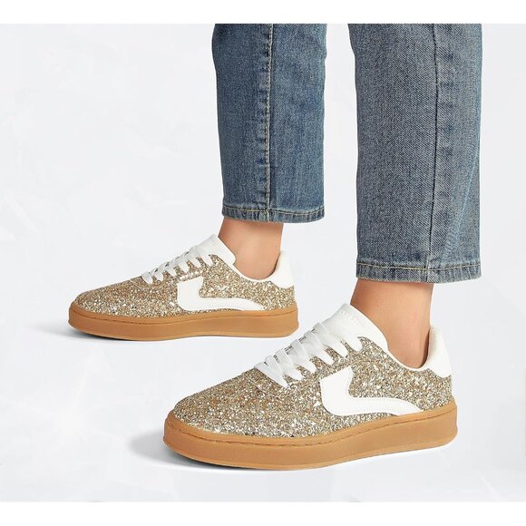 Lucky Step Women Gold White Sparkly Bling Shiny Dressy Bedazzled Bridal Sneakers - Picture 9 of 9